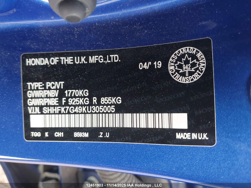SHHFK7G49KU305005 2019 HONDA CIVIC photo no. 9