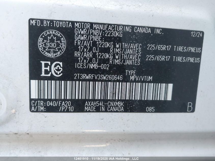 2025 Toyota Rav4 VIN: 2T3RWRFV3SW260646 Lot: 12451910