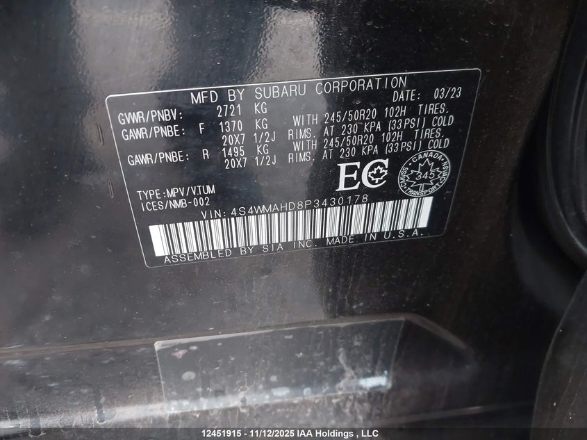 4S4WMAHD8P3430178 2023 SUBARU ASCENT photo no. 9