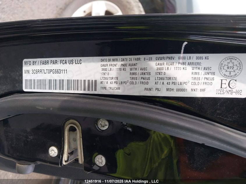 2023 Ram 1500 Classic Slt VIN: 3C6RR7LT0PG663111 Lot: 12451916