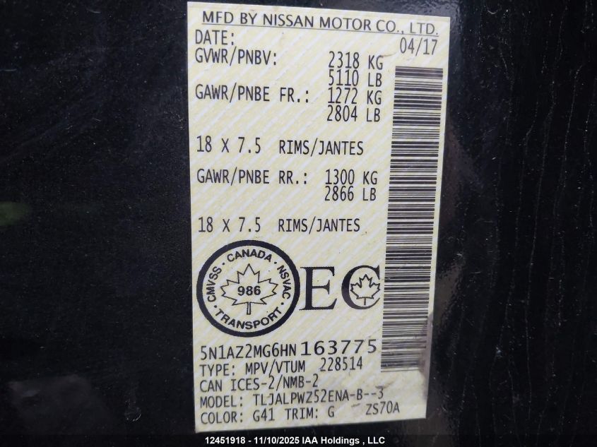 2017 Nissan Nissan VIN: 5N1AZ2MG6HN163775 Lot: 12451918