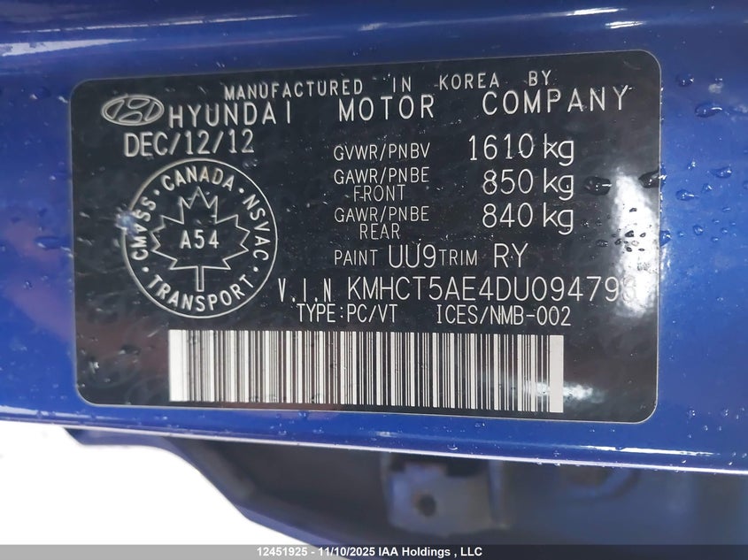 2013 Hyundai Accent Gls/Gs VIN: KMHCT5AE4DU094793 Lot: 12451925