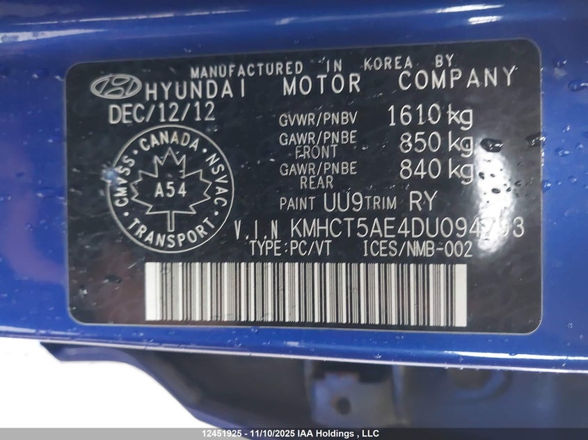 2013 Hyundai Accent Gls/Gs VIN: KMHCT5AE4DU094793 Lot: 12451925