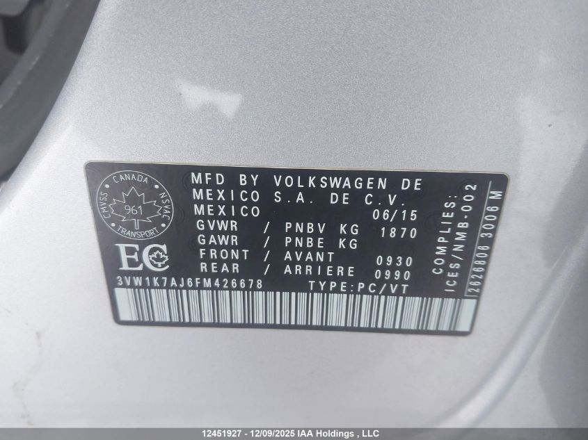 2015 Volkswagen Jetta 2.0L Trendline/2.0L Trendline+ VIN: 3VW1K7AJ6FM426678 Lot: 12451927