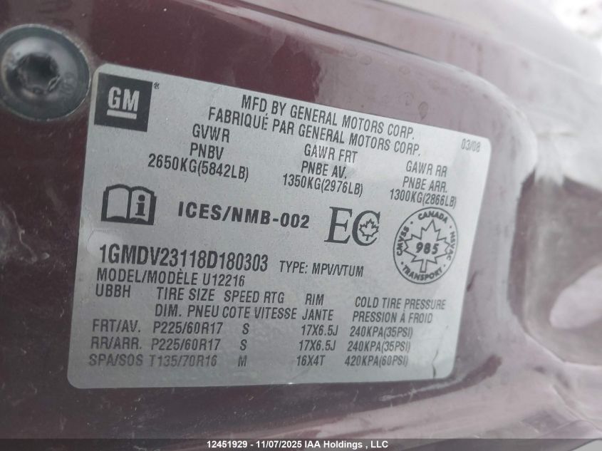 2008 Pontiac Montana Sv6 Fwd VIN: 1GMDV23118D180303 Lot: 12451929