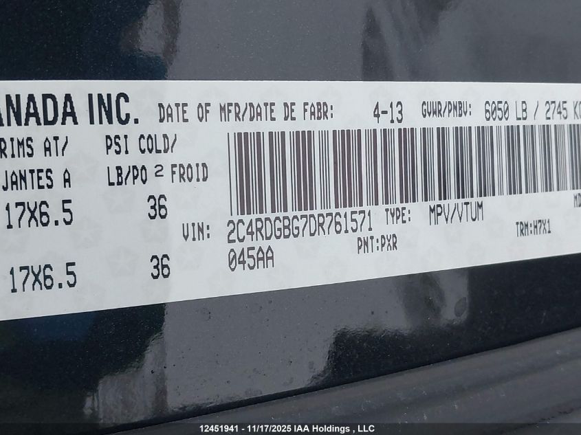 2013 Dodge Grand Caravan Se VIN: 2C4RDGBG7DR761571 Lot: 12451941
