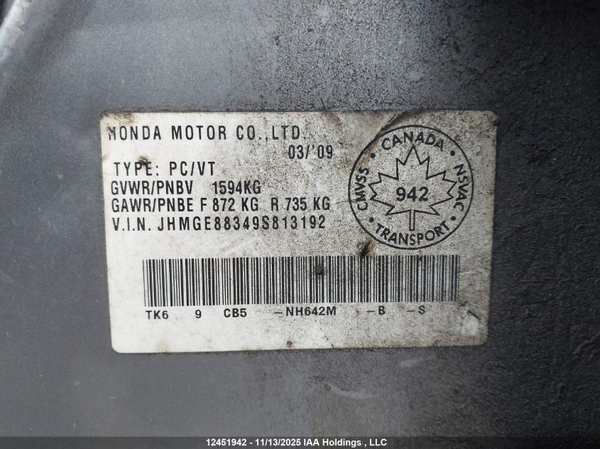 2009 Honda Fit VIN: JHMGE88349S813192 Lot: 12451942