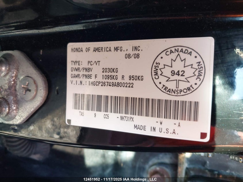 1HGCP26749A800222 2009 HONDA ACCORD photo no. 9