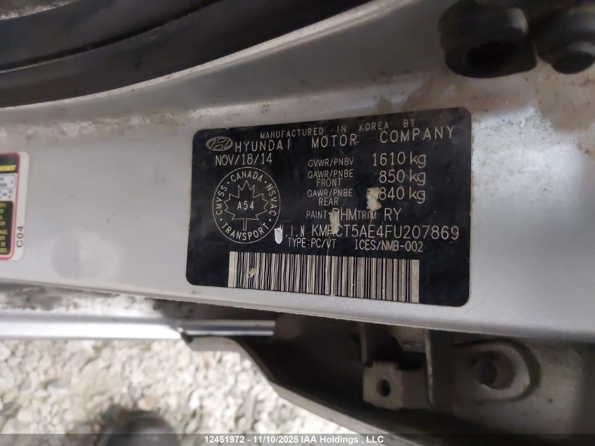 2015 Hyundai Accent Gs VIN: KMHCT5AE4FU207869 Lot: 12451972