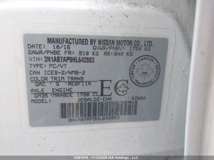 2017 Nissan Sentra S/Sv/Sr/Sl VIN: 3N1AB7AP9HL642883 Lot: 12451976
