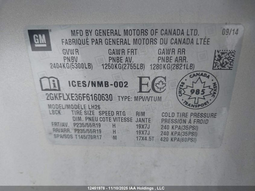 2015 GMC Terrain VIN: 2GKFLXE36F6160630 Lot: 12451978