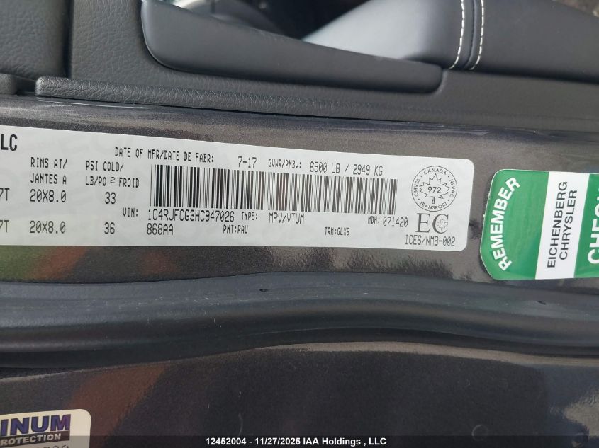 2017 Jeep Grand Cherokee Overland VIN: 1C4RJFCG3HC947026 Lot: 12452004