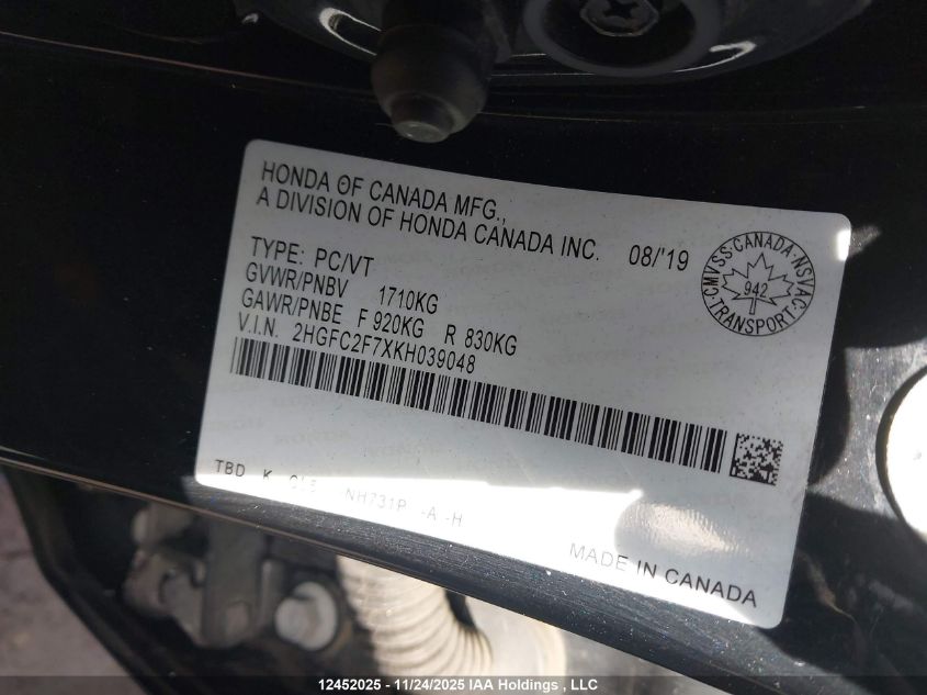 2019 Honda Civic VIN: 2HGFC2F7XKH039048 Lot: 12452025