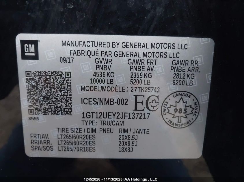 2018 GMC Sierra 2500Hd Denali VIN: 1GT12UEY2JF137217 Lot: 12452026
