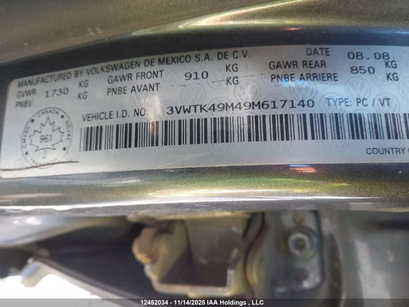 2009 Volkswagen City Jetta VIN: 3VWTK49M49M617140 Lot: 12452034