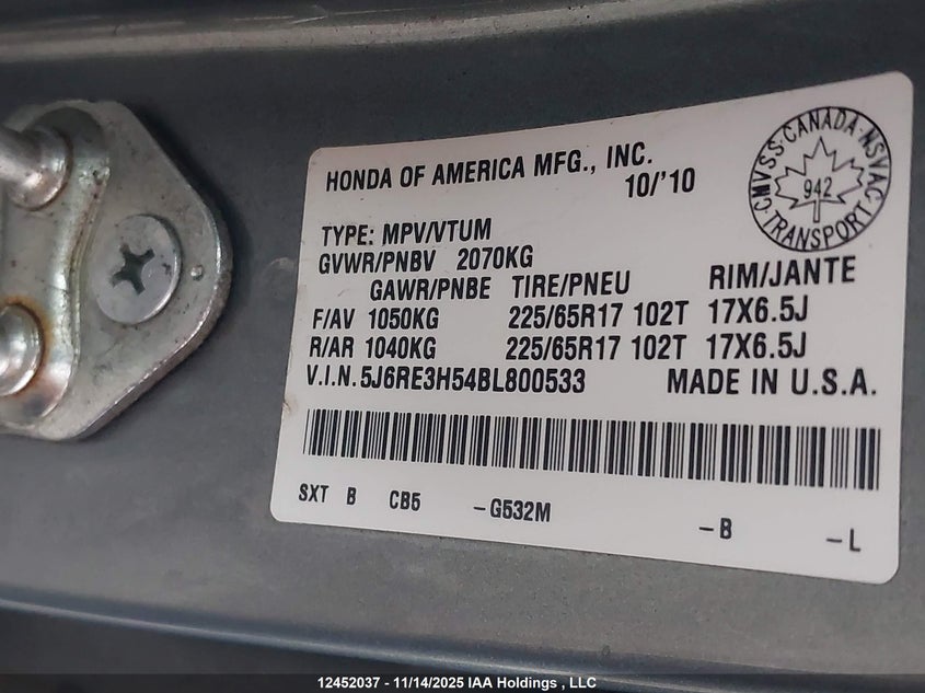 5J6RE3H54BL800533 2011 HONDA CR-V photo no. 9
