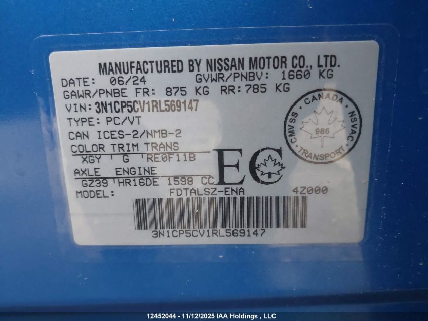 2024 Nissan Kicks Sv VIN: 3N1CP5CV1RL569147 Lot: 12452044