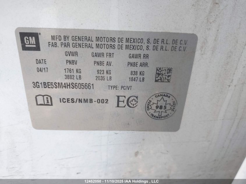 2017 Chevrolet Cruze Lt Auto VIN: 3G1BE5SM4HS605661 Lot: 12452050