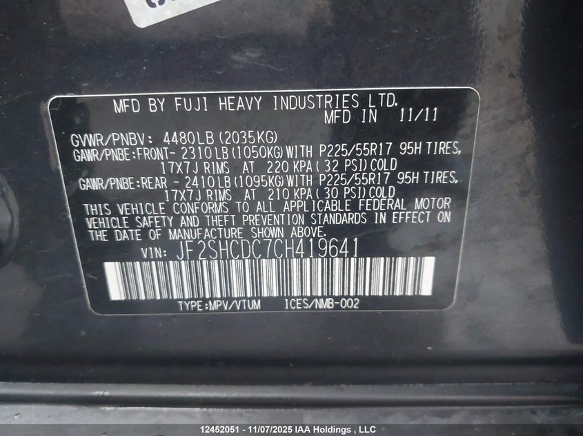 JF2SHCDC7CH419641 2012 SUBARU FORESTER photo no. 9