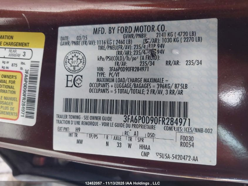 2015 Ford Fusion Titanium VIN: 3FA6P0D90FR284971 Lot: 12452057