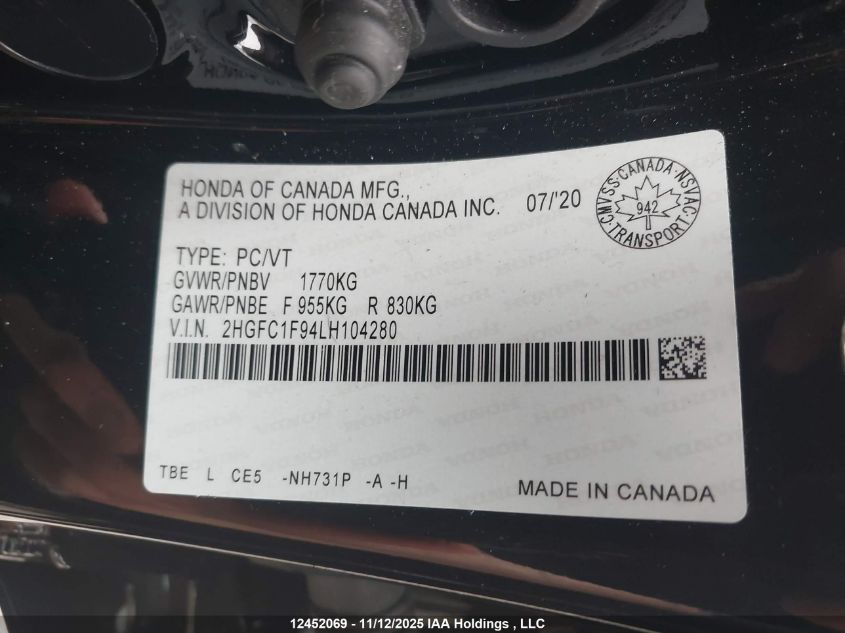 2020 Honda Civic Touring VIN: 2HGFC1F94LH104280 Lot: 12452069