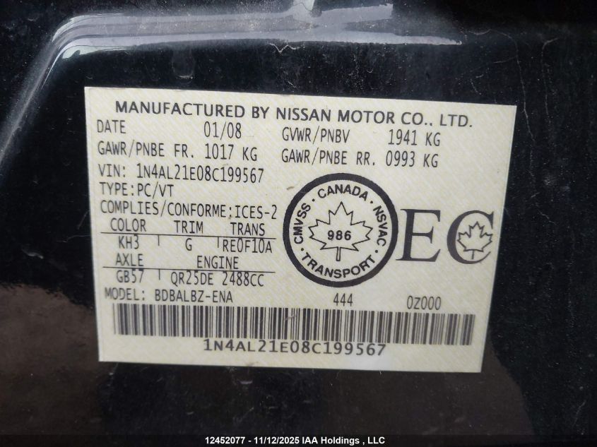 2008 Nissan Altima 2.5/2.5S VIN: 1N4AL21E08C199567 Lot: 12452077