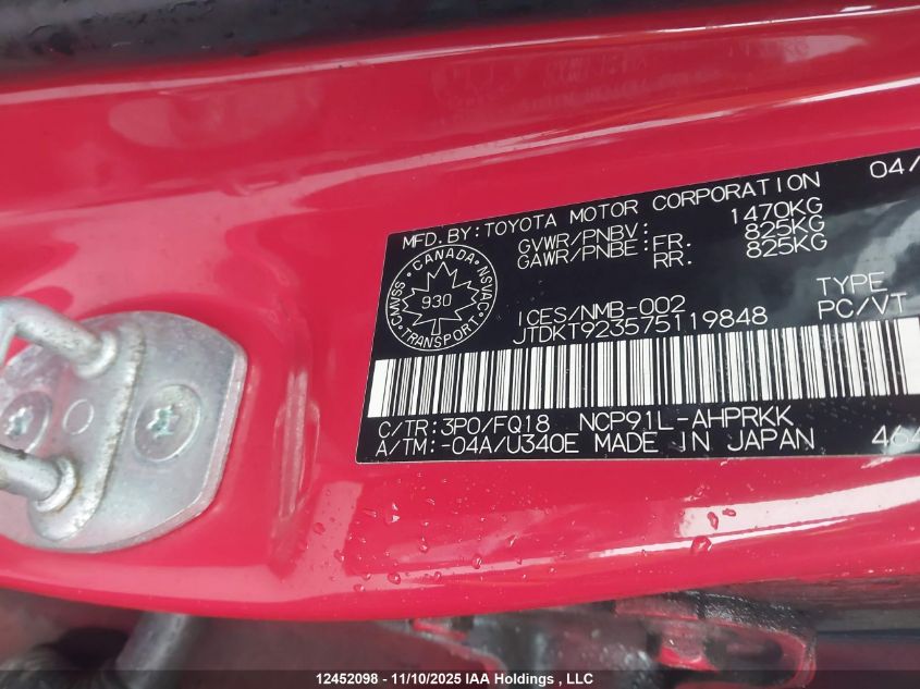 2007 Toyota Yaris VIN: JTDKT923575119848 Lot: 12452098