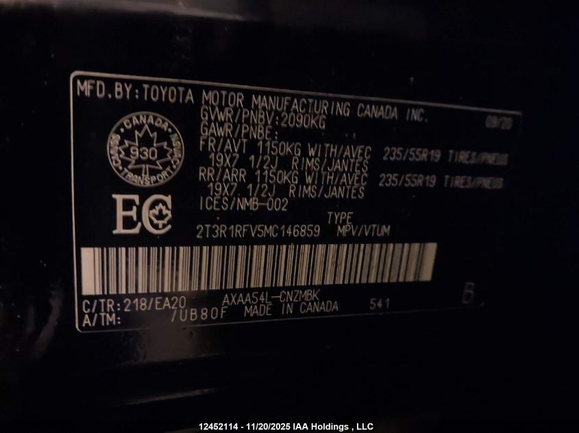 2021 Toyota Rav4 Xle/Xle Premium VIN: 2T3R1RFV5MC146859 Lot: 12452114