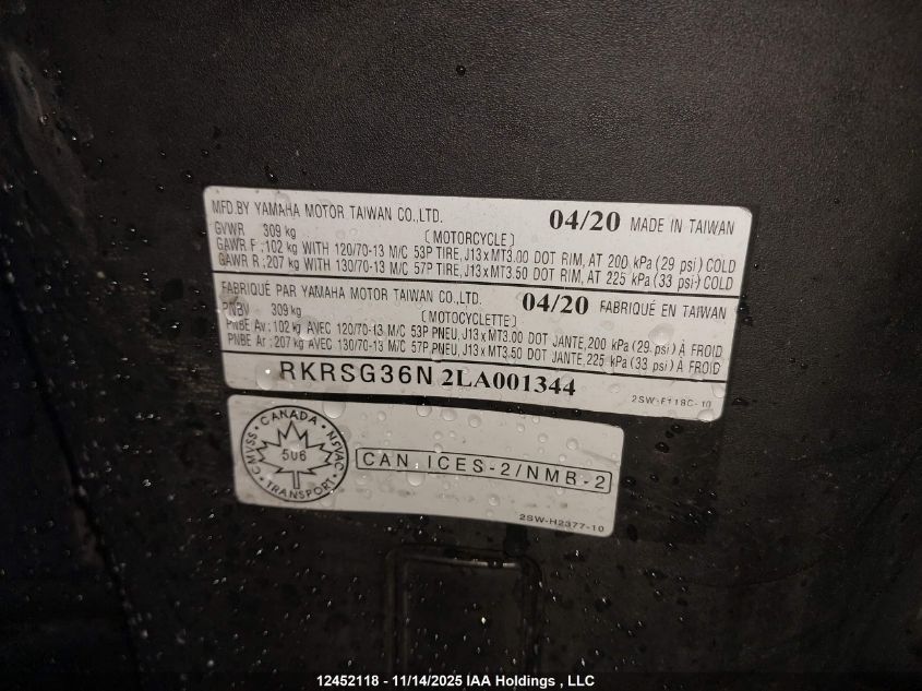 2020 Yamaha Xc155 VIN: RKRSG36N2LA001344 Lot: 12452118