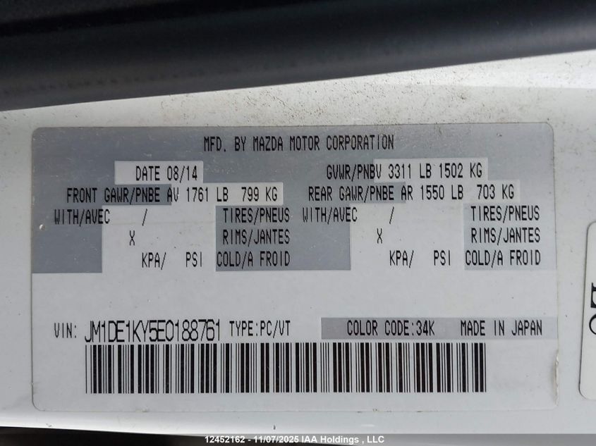 2014 Mazda Mazda2 VIN: JM1DE1KY5E0188761 Lot: 12452162