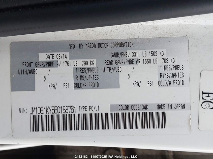 2014 Mazda Mazda2 VIN: JM1DE1KY5E0188761 Lot: 12452162