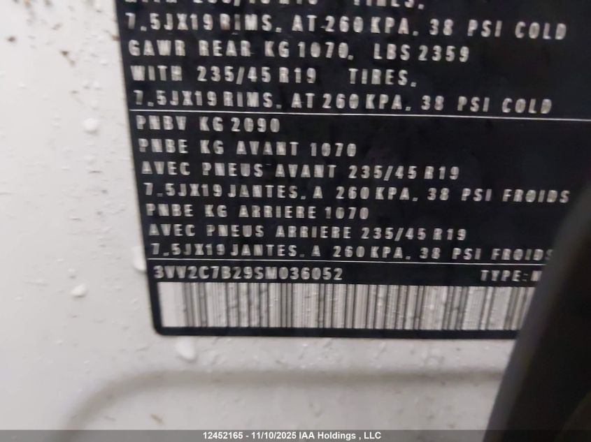 2025 Volkswagen Taos Comfortline Black Edition VIN: 3VV2C7B29SM036052 Lot: 12452165