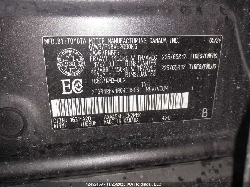 2024 Toyota Rav4 VIN: 2T3R1RFV1RC453906 Lot: 12452169