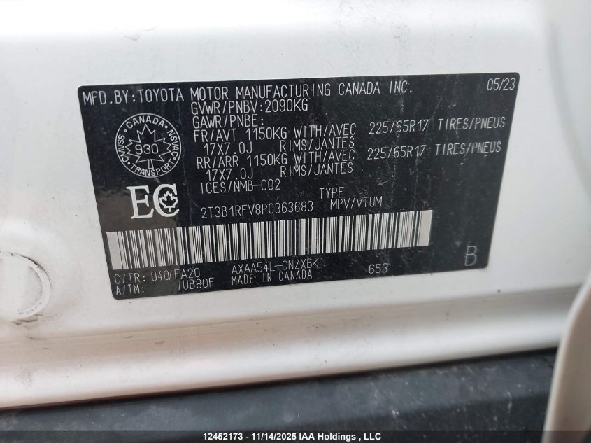 2023 Toyota Rav4 Le VIN: 2T3B1RFV8PC363683 Lot: 12452173