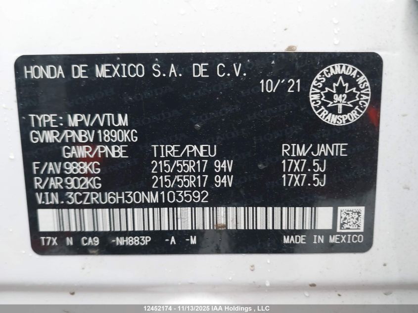 2022 Honda Hr-V Lx VIN: 3CZRU6H30NM103592 Lot: 12452174