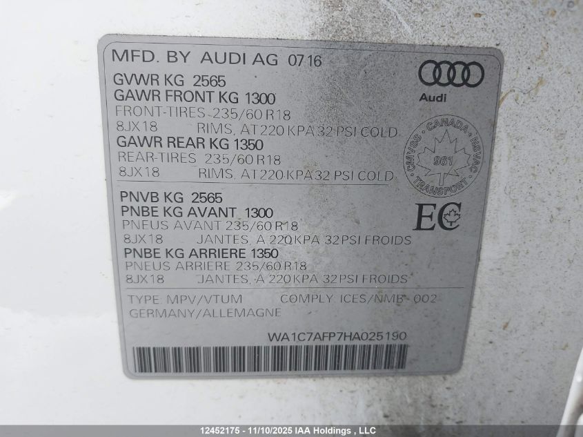 2017 Audi Q5 Progressiv VIN: WA1C7AFP7HA025190 Lot: 12452175