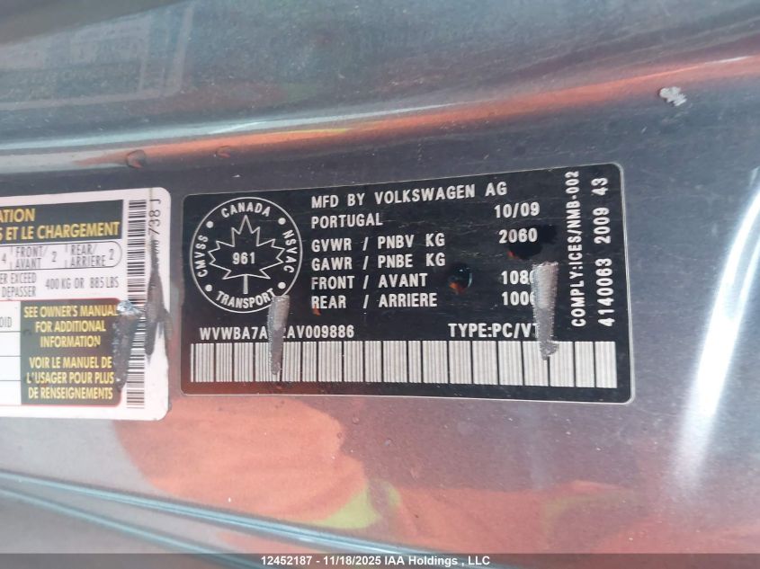 2010 Volkswagen Eos VIN: WVWBA7AH2AV009886 Lot: 12452187