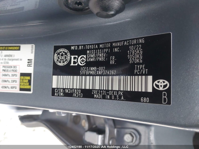 5YFBPMBEXNP374262 2022 TOYOTA COROLLA photo no. 9