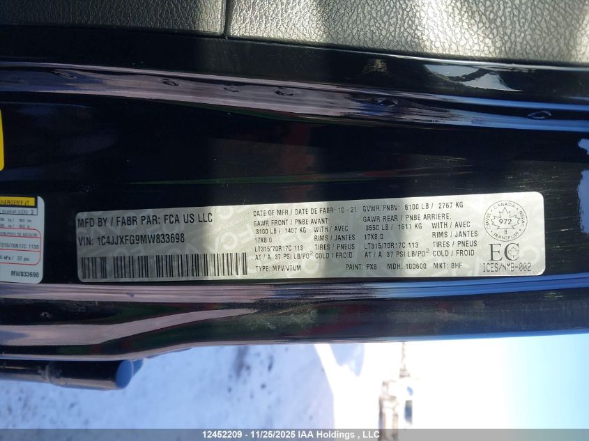 2021 Jeep Wrangler Unlimited Rubicon VIN: 1C4JJXFG9MW833698 Lot: 12452209