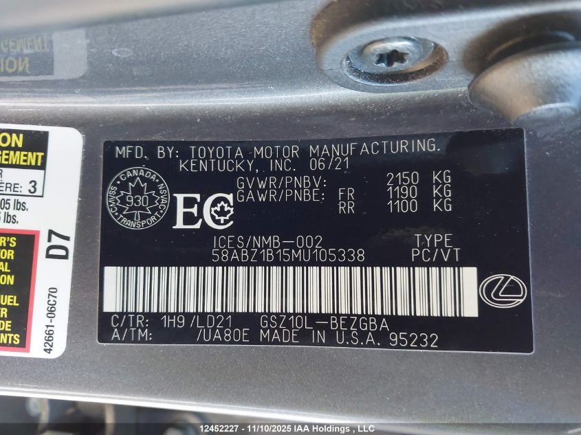 2021 Lexus Es 350 350 VIN: 58ABZ1B15MU105338 Lot: 12452227