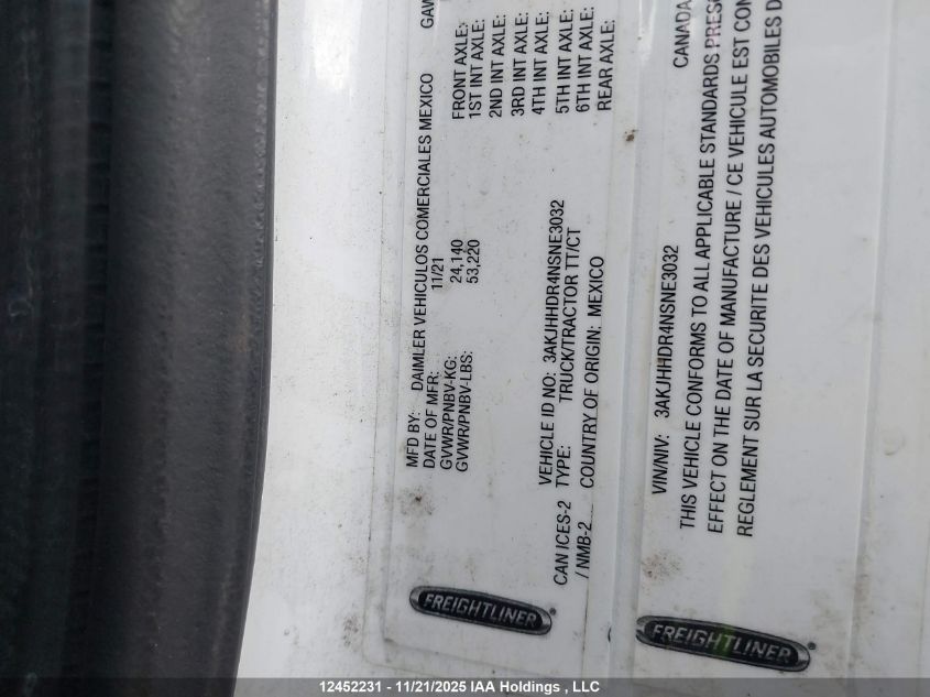 2022 Freightliner New Cascadia 126 VIN: 3AKJHHDR4NSNE3032 Lot: 12452231