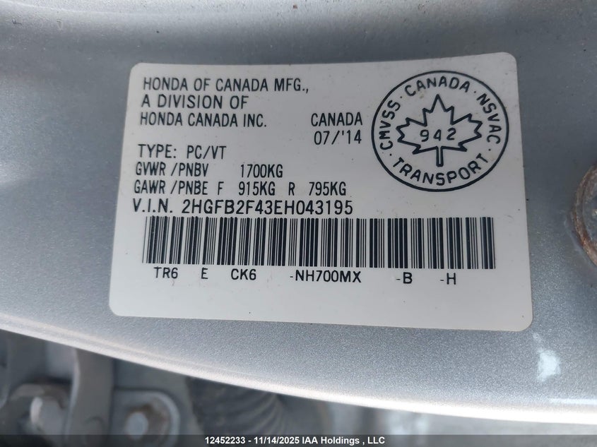2HGFB2F43EH043195 2014 HONDA CIVIC photo no. 9