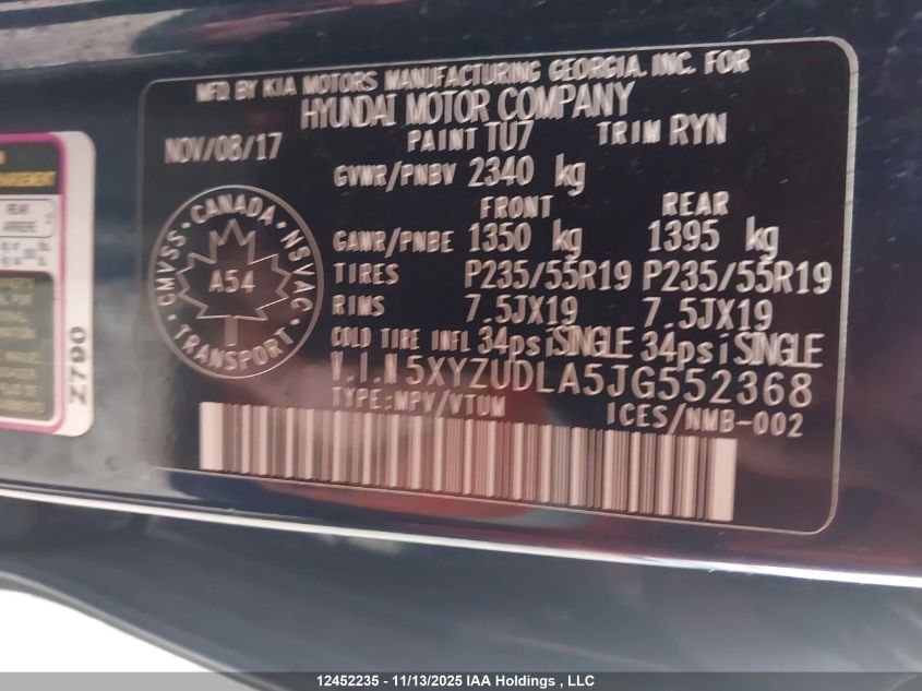 2018 Hyundai Santa Fe Sport VIN: 5XYZUDLA5JG552368 Lot: 12452235
