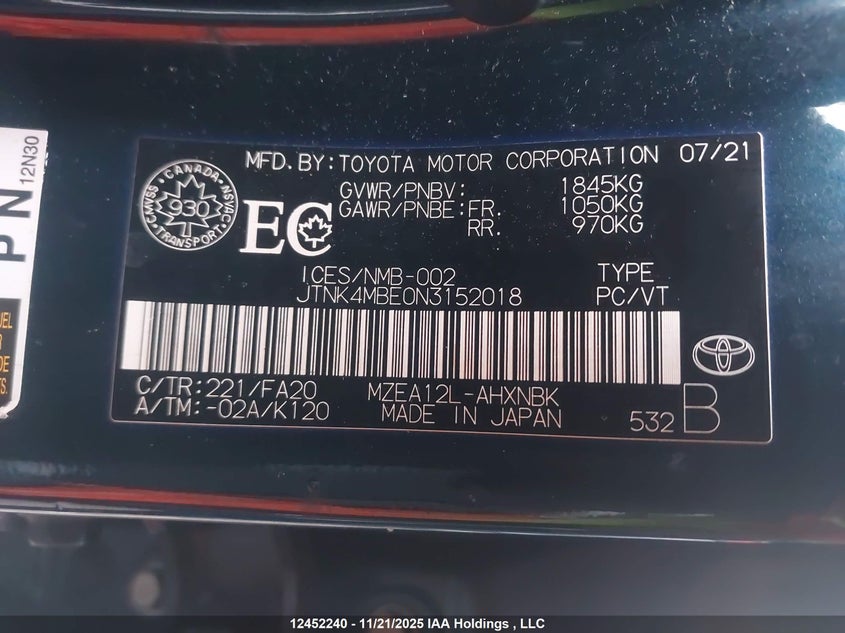 JTNK4MBE0N3152018 2022 TOYOTA COROLLA photo no. 9