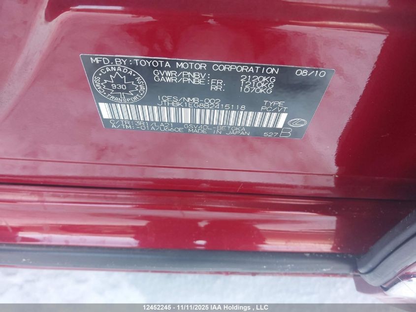 2011 Lexus Es 350 350 VIN: JTHBK1EG8B2415118 Lot: 12452245