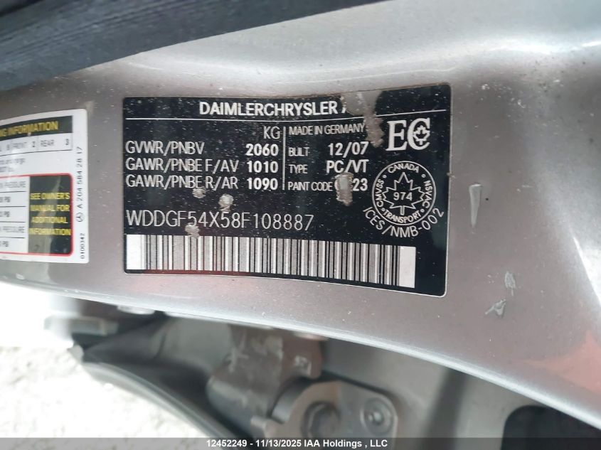 2008 Mercedes-Benz C 300 300 VIN: WDDGF54X58F108887 Lot: 12452249