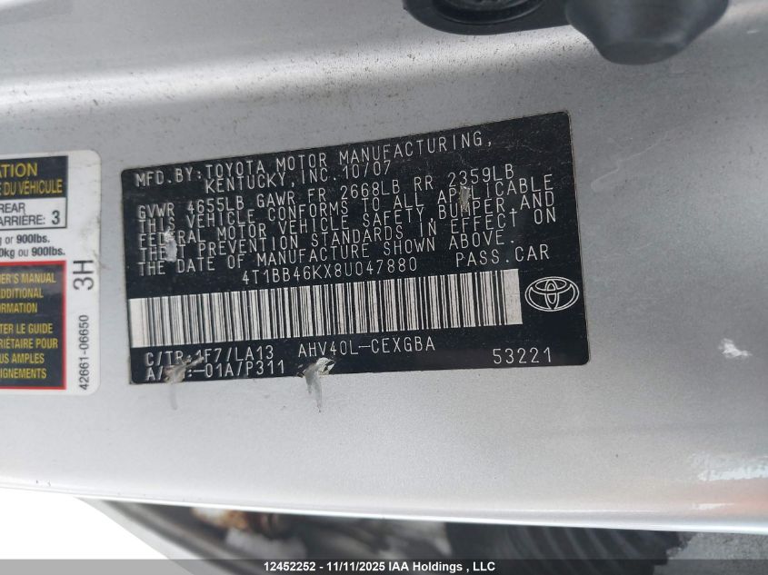 2008 Toyota Camry VIN: 4T1BB46KX8U047880 Lot: 12452252