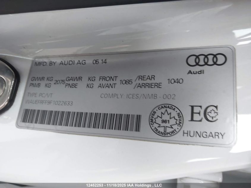 2015 Audi A3 VIN: WAUEFRFF9F1022633 Lot: 12452253