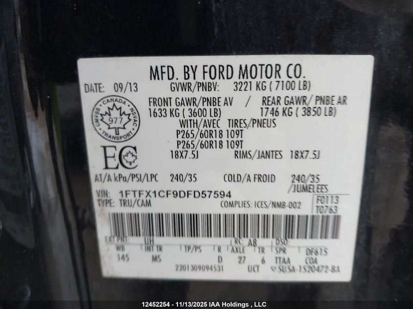 1FTFX1CF9DFD57594 2013 FORD F-150 photo no. 9