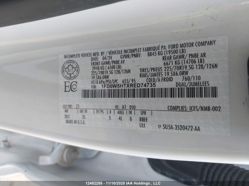 2024 Ford F550 Super Duty VIN: 1FD0W5HTXRED74735 Lot: 12452255